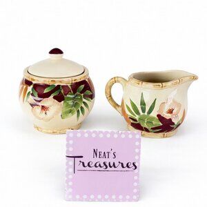 Home Trends HIBISCUS Bamboo Ferns Floral Red Lidded Sugar Bowl & Creamer Set